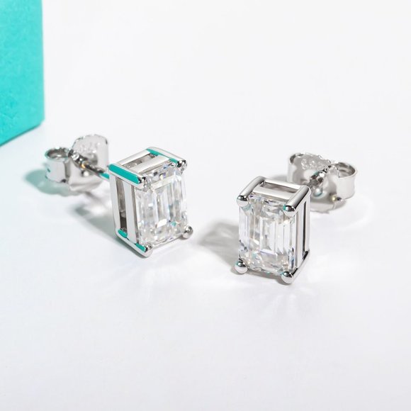 Certified 4ct. t.w. Moissanite Diamond Emerald Cut Stud Earrings NEW - Picture 4 of 14